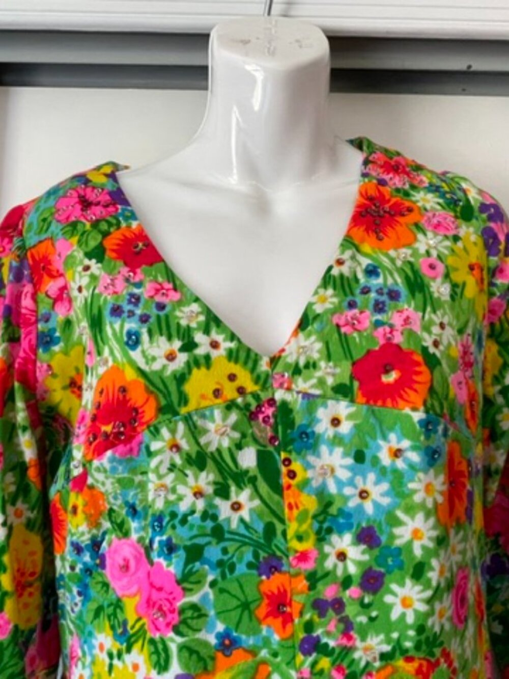 Vintage 1970s long dress, bright floral pattern, unique, beaded, pristine